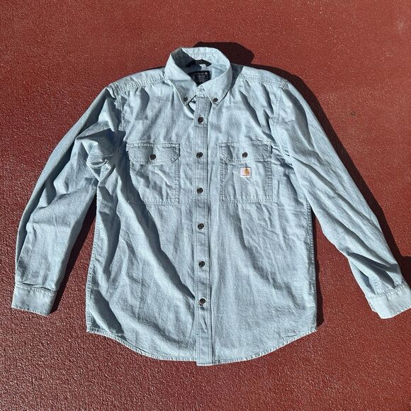 Carhartt Shirt Mens Medium Blue Loose Fit Midweight Chambray Pockets Button Down - Picture 1 of 7
